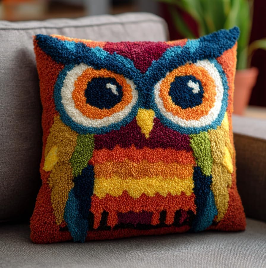 ZUHK Latch Hook Kits for Adults/DIY Pre-Printed Craft Latch Hook Pillow Kits fit for Throw Pillow Cover Sofa Cushion Cover,17x17 in (Owl) — image 1