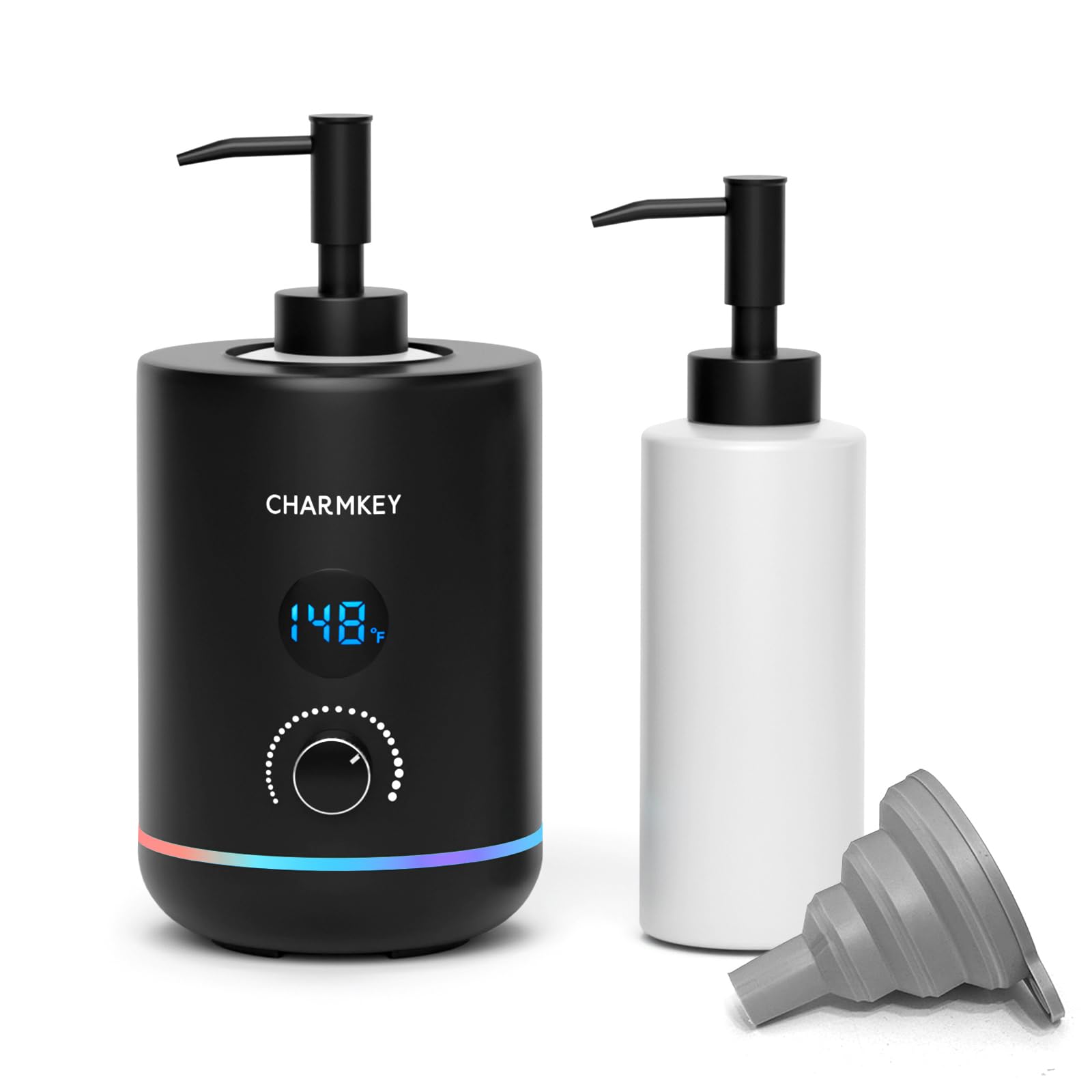 CHARMKEY Calentador de aceite de masaje para spa, dispensador de 2 botellas, temperatura ajustable (negro)