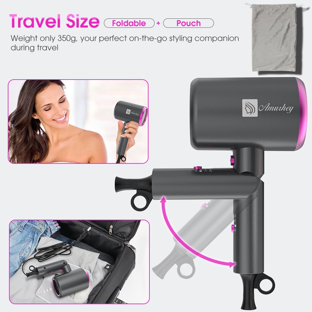 Secador de Pelo Iónico 2400W con Bolsa de Viaje, [Ligero, Alta Velocidad & Plegable] Set de peinado con concentrador/difusor/peine de volumen, Secadores de pelo Hair Dryer para uso Doméstico y Viaje