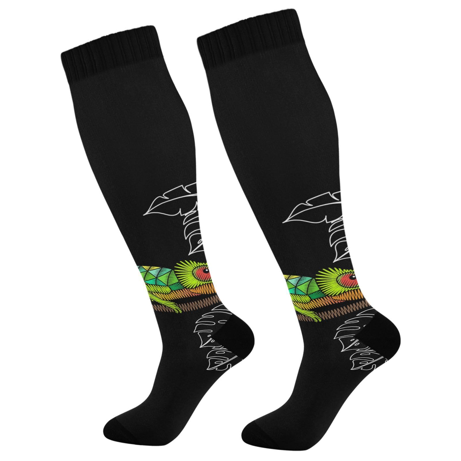 1 Pair Unisex Compression Crew Knee Soft Circulation Socks High Sock Long Athletic for Running,Travel,Cycling Print Embroidery Green Chameleon On Trunk Leaves On Black