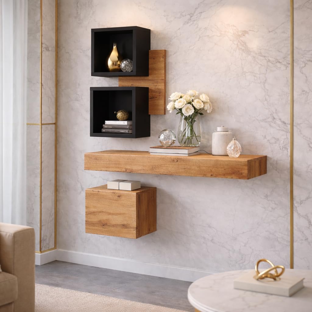 Mobile Ingresso Moderno Con Pensili A Giorno Mensole Sospese Con Cassetto E Anta Salvaspazio Design Nordico Set Completo Per Ingresso Corridoio Zona Living 100 x 170 x 30 Cm (Nero e Rovere)