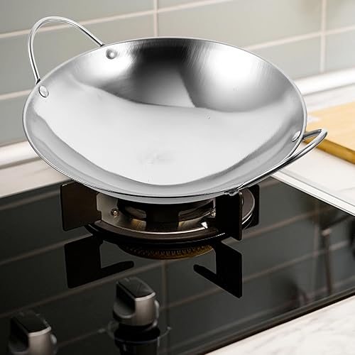 Miniatura 2 de Kichvoe Wok Sartenes de acero inoxidable para freír Pow Stir Fry 2 piezas de fondo plano para uso diario con doble asa olla de cocina para placa de