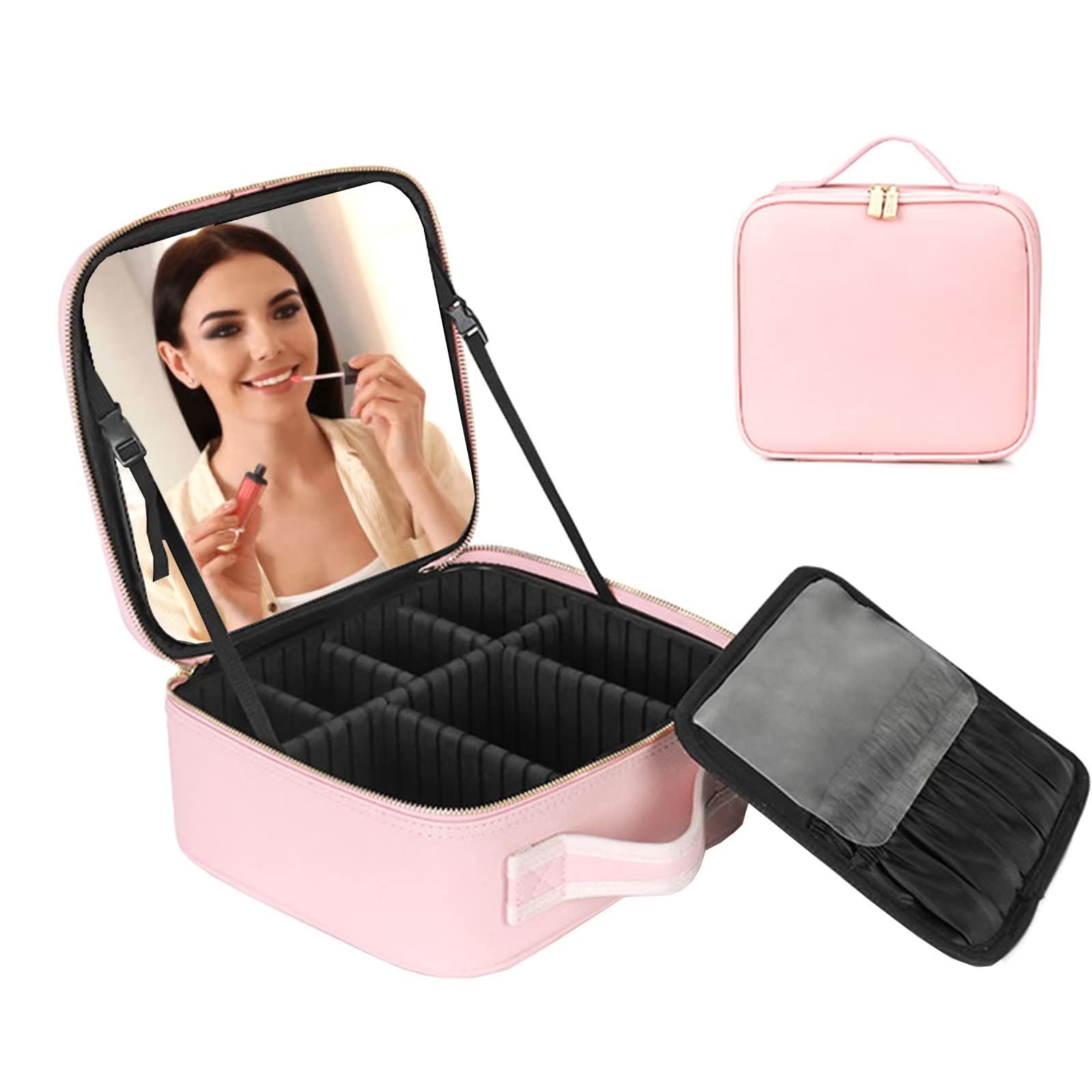 Timisea Cosmetic Bag Portable, Travel Make Up Bag with Mirror, Women's Makeup Bag with Brush Bag and Adjustable Divider, Professional Makeup Organiser, pink