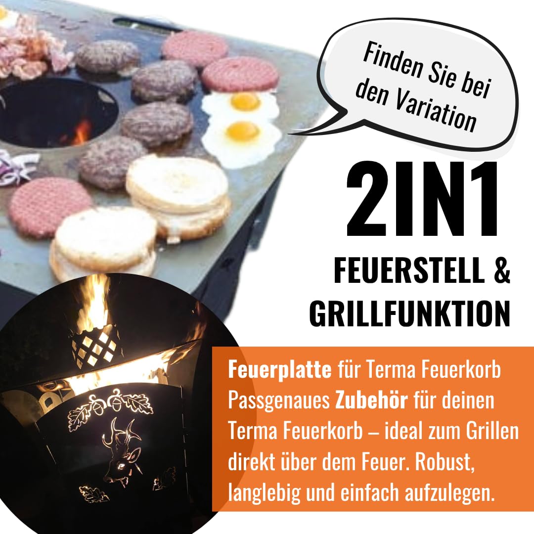 Terma Stahldesign Feuerkorb Jäger Wildschwein Rehbock 70 cm Feuertonne massiv Stahl Feuerstelle Garten Terrasse zerlegbar optional Feuerplatte Handmade Germany