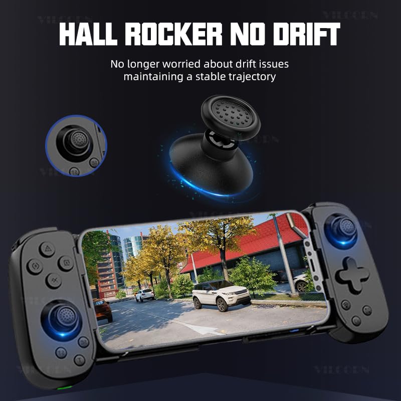 Close-up of a Hall effect joystick with 'HALL ROCKER NO DRIFT' text.