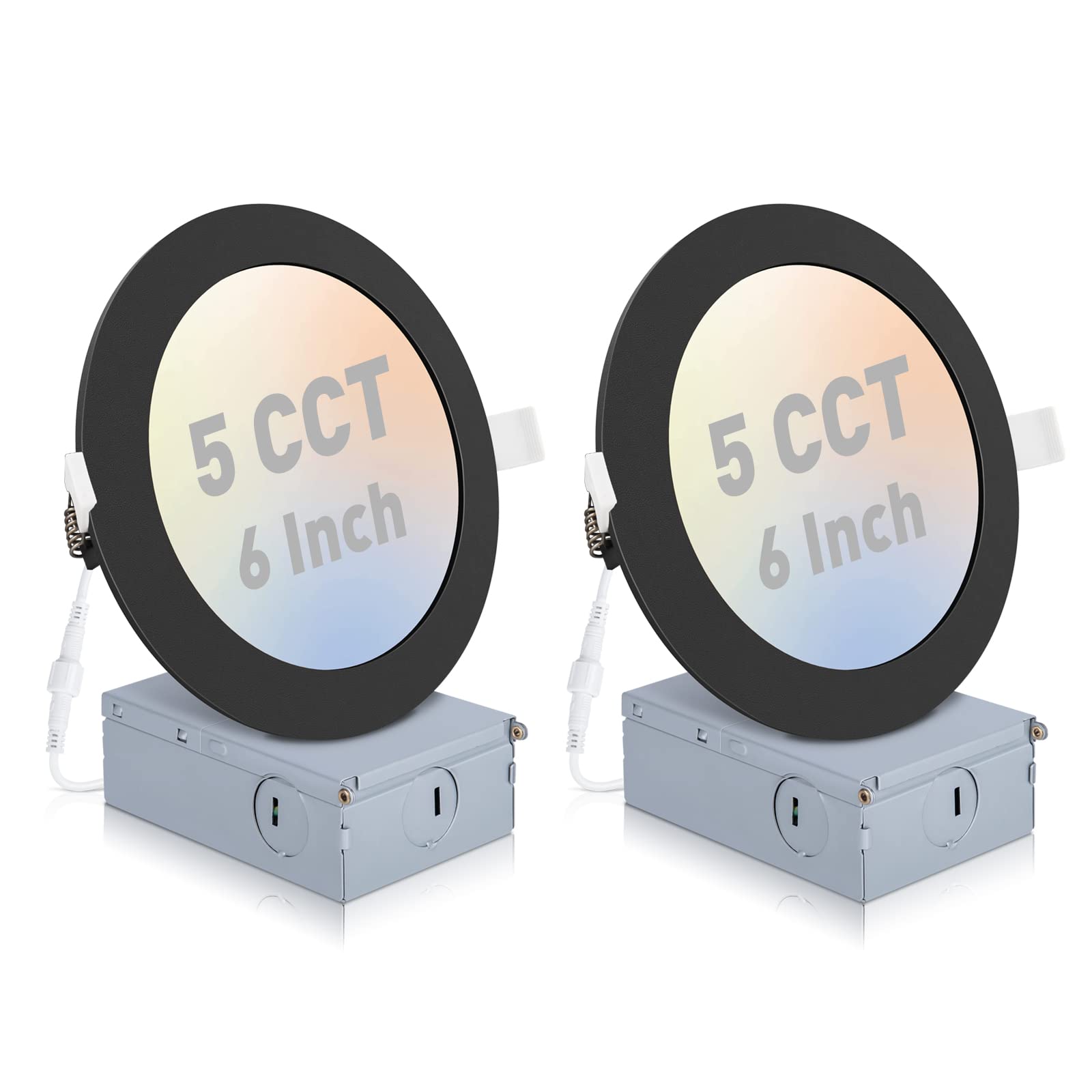 2 Pack 6 Inch LED Recessed Lights with Junction Box, 5CCT Black Recessed Lighting Dimmable 2700K/3000K/4000K/5000K/6000K, 15W 1200LM Ultra Thin Recessed Lighting - ETL and Energy Star Certified