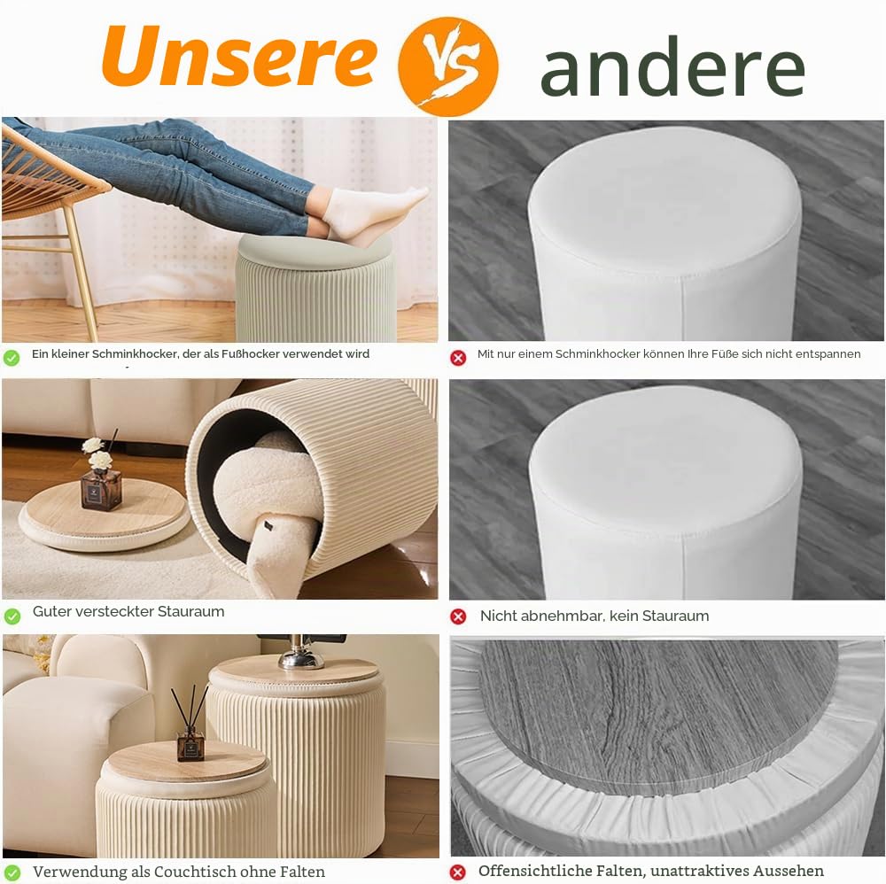 BLEXA 2er Set runder Hocker mit Stauraum Gepolstert aus Samt Schminkhocker Couchtisch Gepolsterte Sitzfläche Fußstütze für Wohnzimmer Schlafzimmer (Weiß)