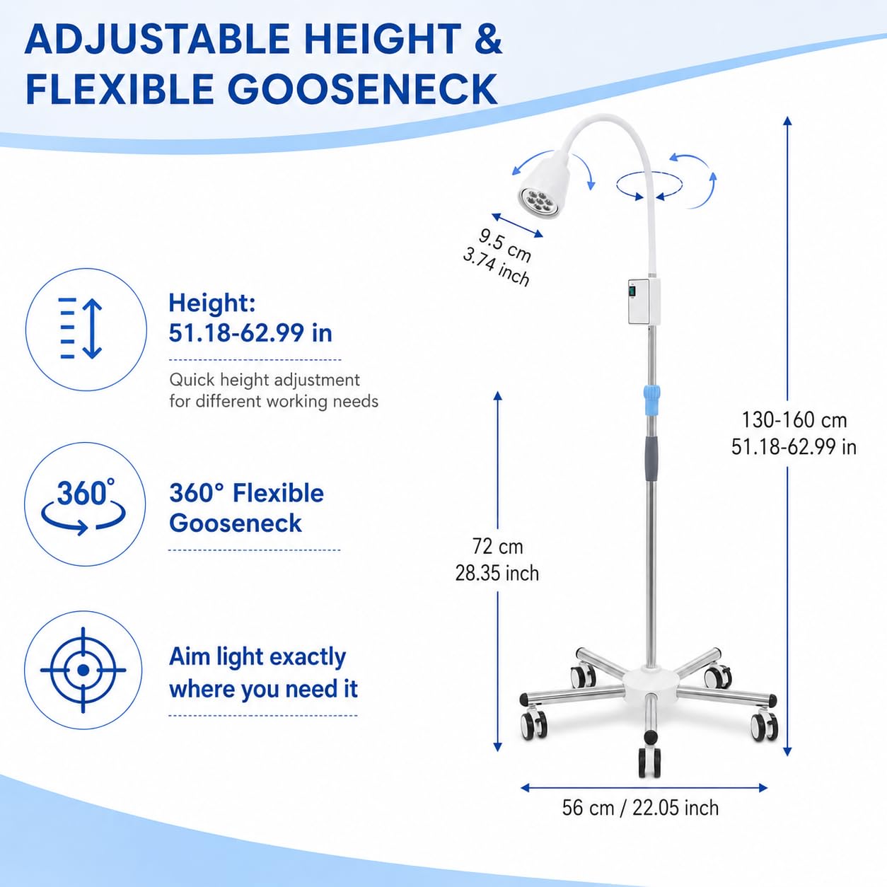 Lampe Chirurgicale Médicale Dentaire Rotation à 360° LED Lampe D'examen Chirurgical Type Support De Sol Avec Roues,Pour Usage Ambulatoire, Dentaire, Familial (Avec 5 roulettes)