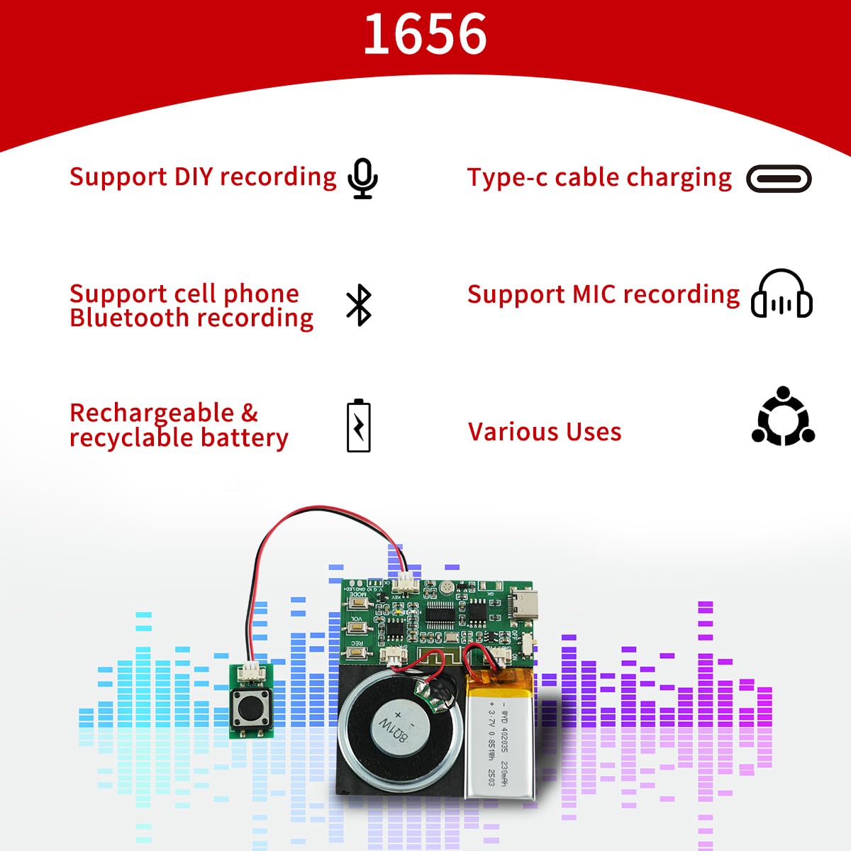 Modulo audio, supporto Bluetooth e microfono registrazione audio, chip vocali da 8 MB con altoparlante, chip di registrazione audio facile da 16 minuti per saluti personalizzati, progetti fai da te