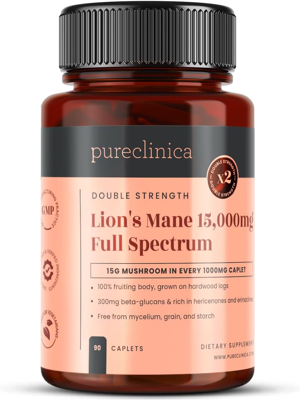 pureclinica Full Spectrum Lion's Mane 15,000mg x 180 Caplets (2 Bottles of 90) - 6 Month's Supply - 15g Mushroom Powder - 30% Beta-Glucans - No Grain, No Fillers