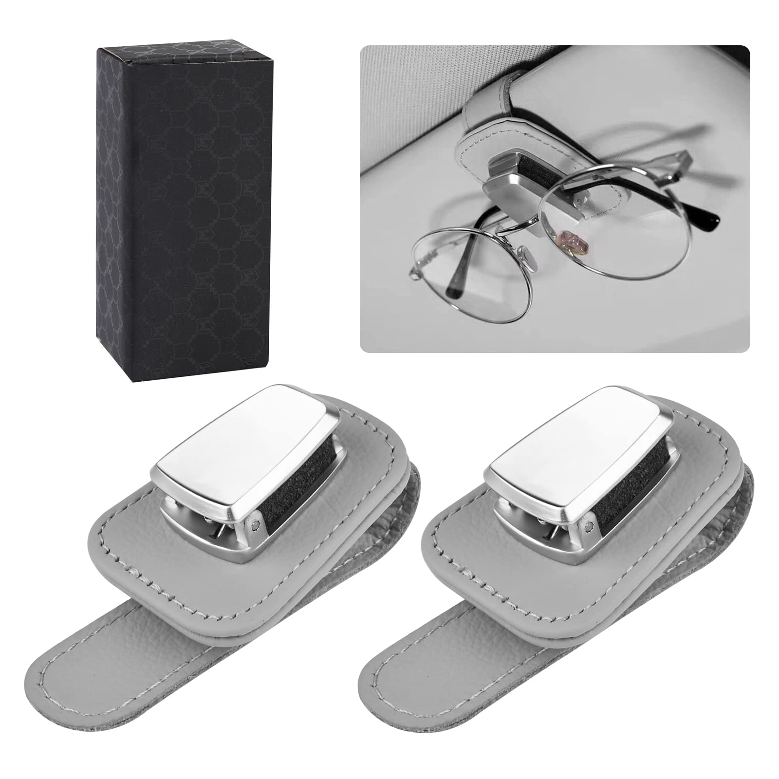 Soporte de Gafas Para Coche Sol Visera Clip, 2 Pcs Portagafas Para Coche Soporte Para Gafas de Sol de Coche Clip Soporte Universal Gafas de Sol de Visera de Coche Gancho de Gafas de Cuero Clip (Gris)