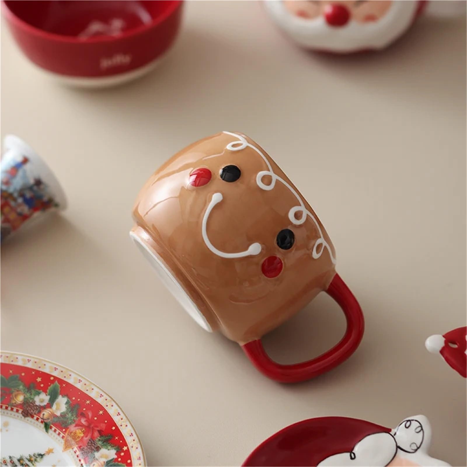 Taza de café de Papá Noel de dibujos animados, tazas apiladas de cerámica, tazas lindas de muñeco de nieve Para Boda(Red)