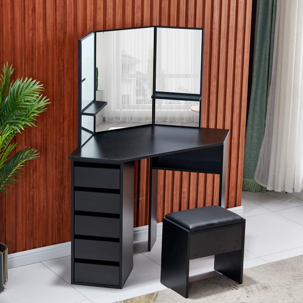 BOJU Black Corner Makeup Vanity Table Tri Flip Mirror Dressing Table