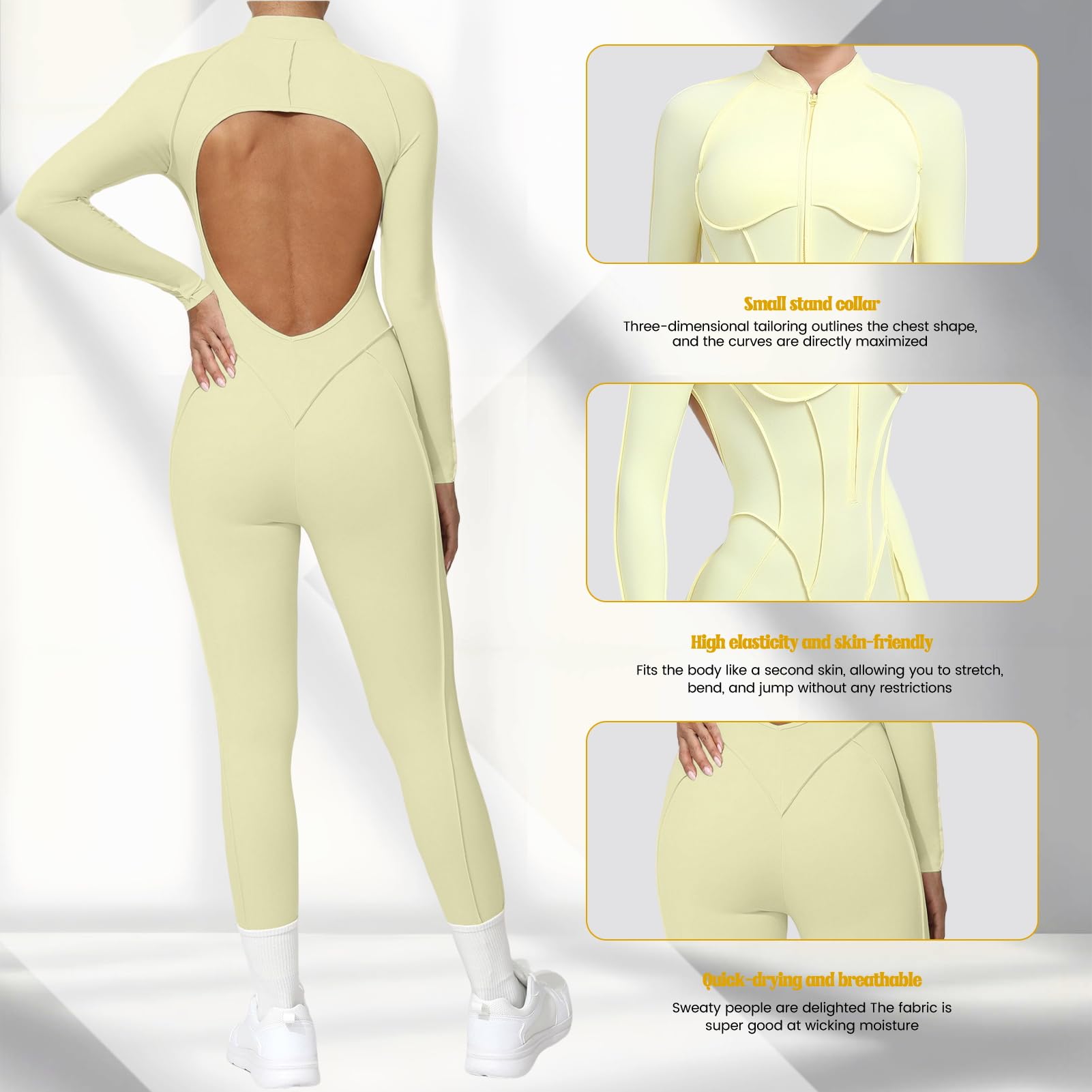 Damski kombinezon do jogi z zamkiem błyskawicznym, z długim rękawem, rozciągliwe body obcisłe, bodysuit, kontrola brzucha siłownia, odzież sportowa do fitnessu miękka w dotyku