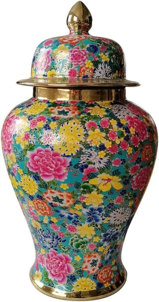 Vase Tabletop Colorful Porcelain Ginger Jar with Lid Many Flowers Ceramic Temple Jar with Lid Flower Centerpiece Table