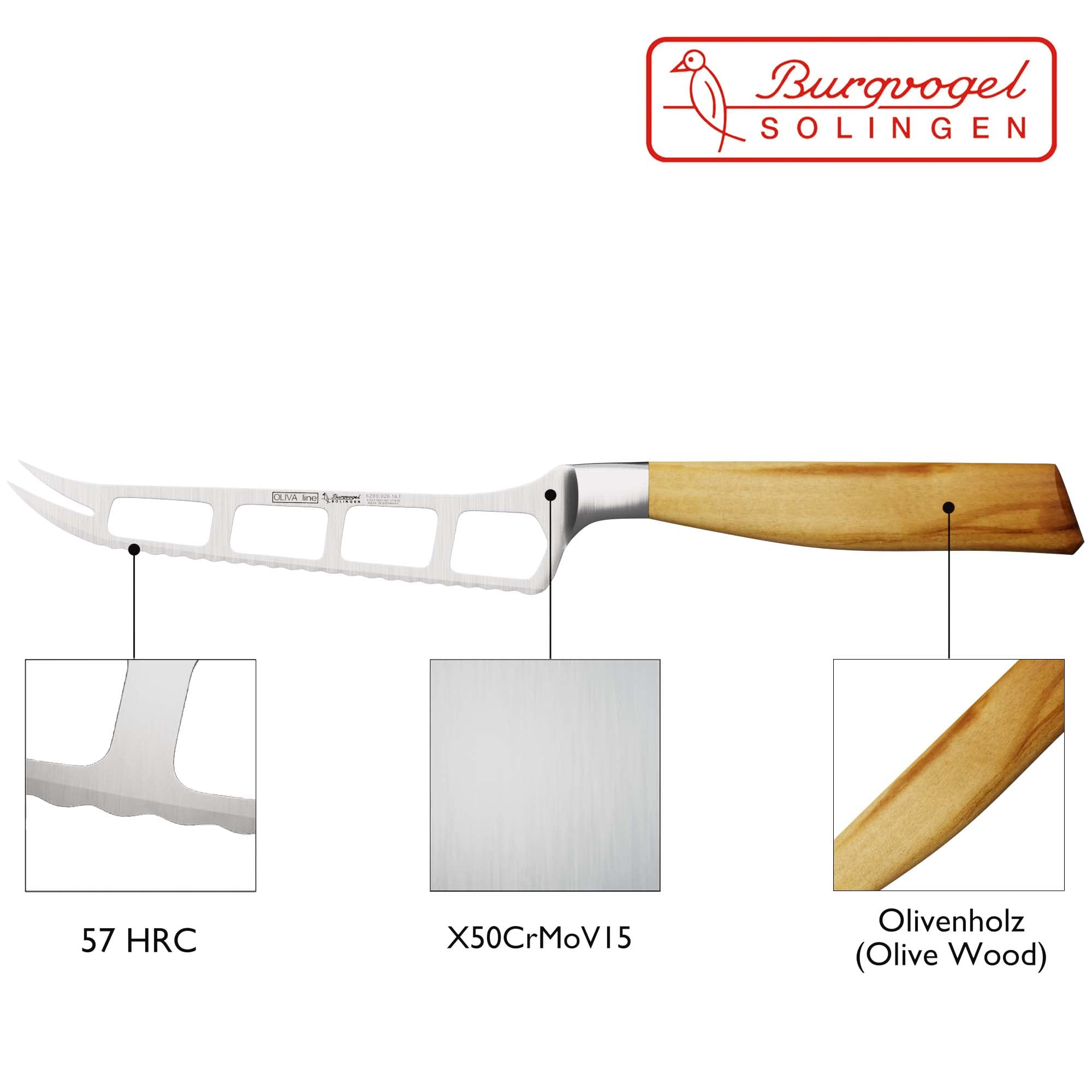 Burgvogel Solingen Käsemesser 14 cm geschmiedet Olivenholz, Oliva Line, Rillenwelleschliff, rostfrei, hell, scharf, 6280.926.14.1, braun beige