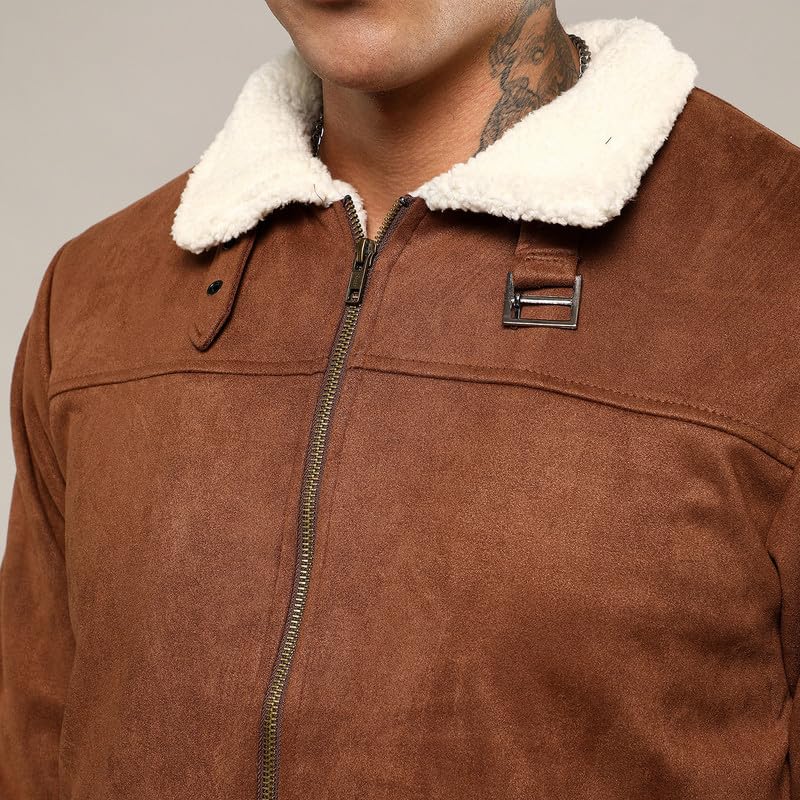 Image of CAHOOT Men's Brown Zip-Front Jacket With Fleece Detail For Casual Wear | Long Sleeve | High Neck | Zipper Closure | Suede Jacket Crafted With Comfort Fit For Everyday Wear