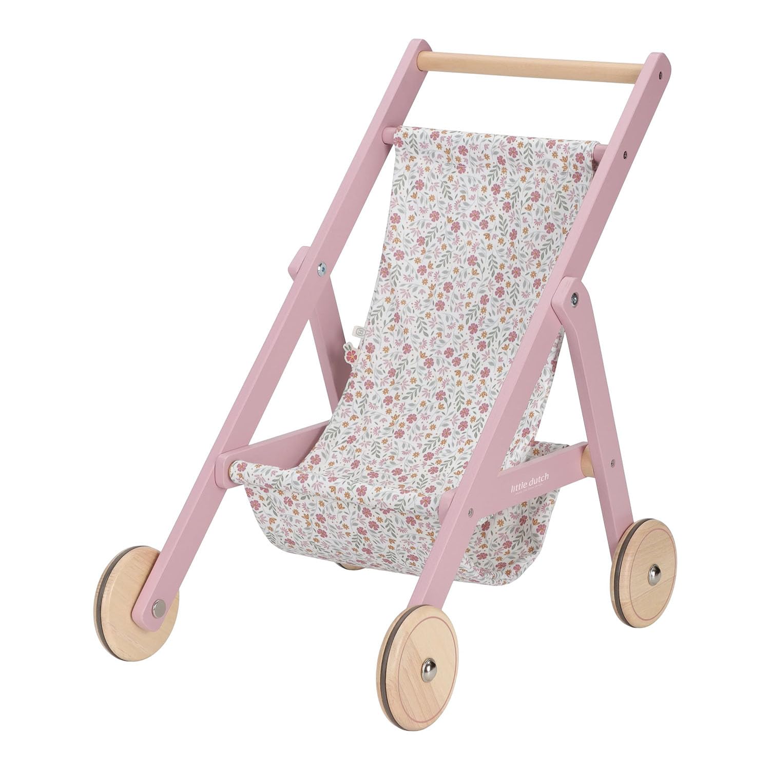 Little Dutch Holz Puppenbuggy Puppenwagen mit Ablagefach für Puppen von 33-46 cm Soft Flowers rosa