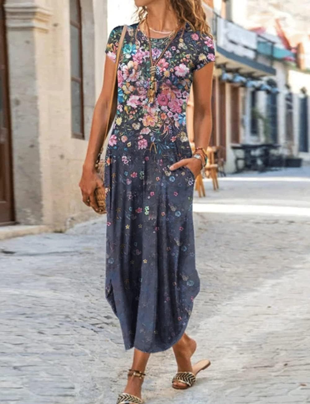 Size Large Women Summer Casual Maxi Dress Floral Printed Loose Pockets Short Sleeve Split Boho Dresses