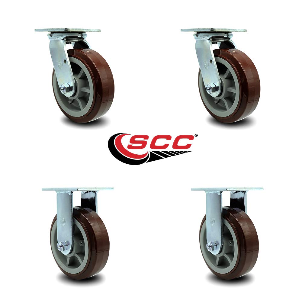 Polyurethane Swivel Top Plate Casters Set of 4 Heavy Duty with 6 Inch Wheels - Includes 2 Swivel and 2 Rigid – 3,600 lbs. Total Capacity - Service Caster Brand