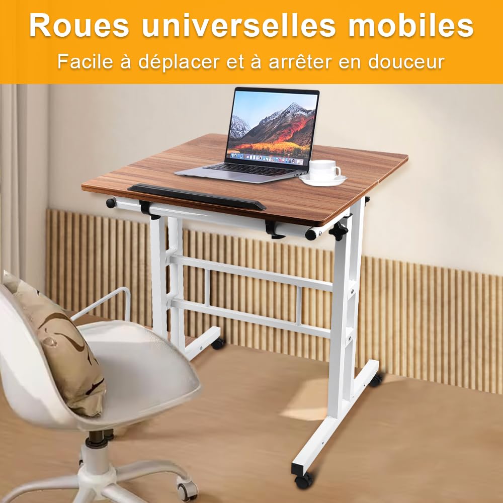 homewell Stehpult Schreibtisch mit 6 Rollen und Host-Tablett, Steh-Sitz Bürotisch, Tisch Computertisch Höhenverstellbar, PC Tisch Klein für Home Office, (60+22) x 60cm