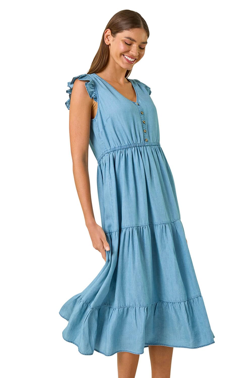 Roman - Women's Midi Dress - Tiered Frill Sleeve - Light Blue - Size 20