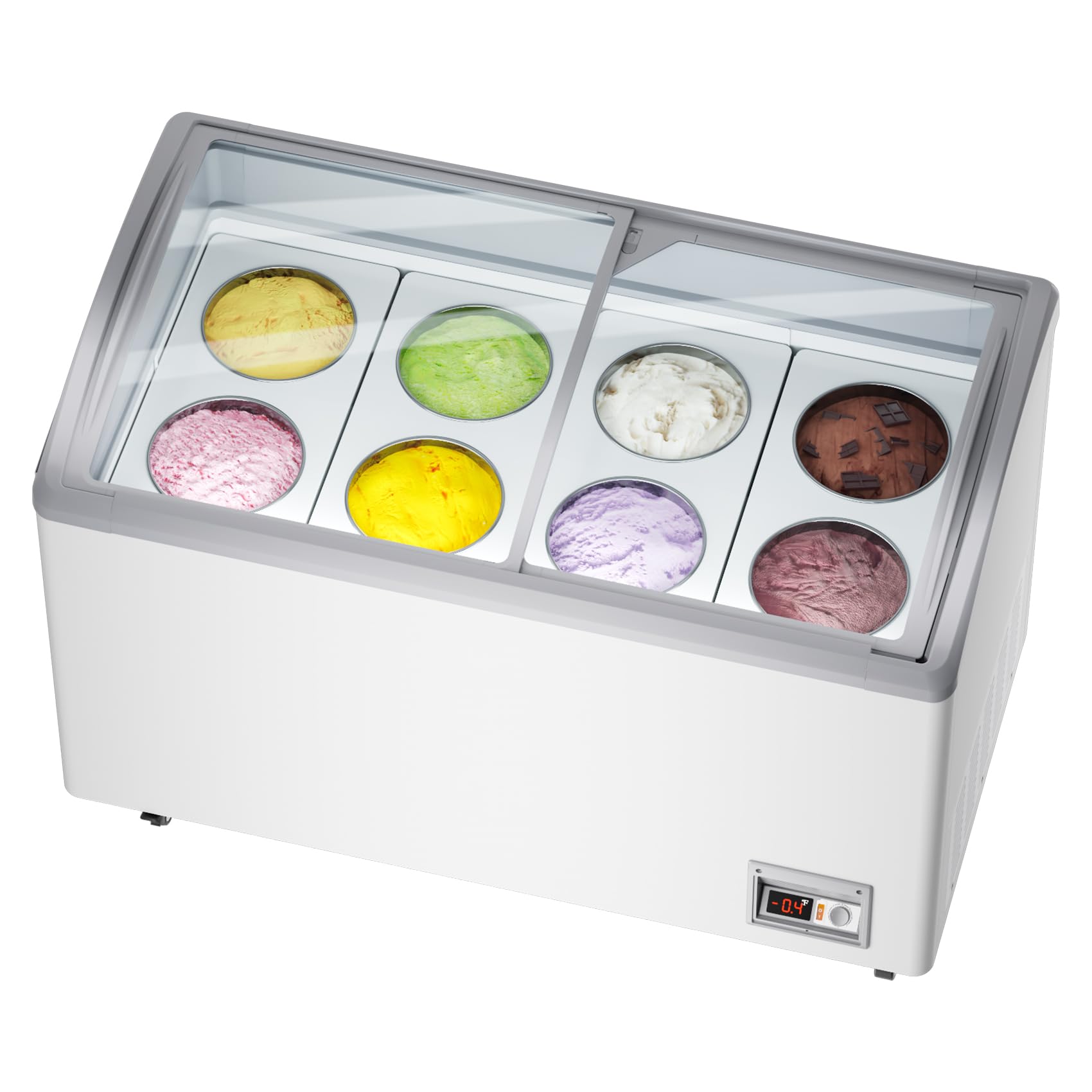 13 Cu.Ft Chest Freezer Commercial Ice Cream Display Case Restaurant Gelato Dipping Cabinet Top Deep Freezer with 8 Large Displayed Tubs, 2 Sliding Glass Doors, Rolling Wheels and Lockable Breaks