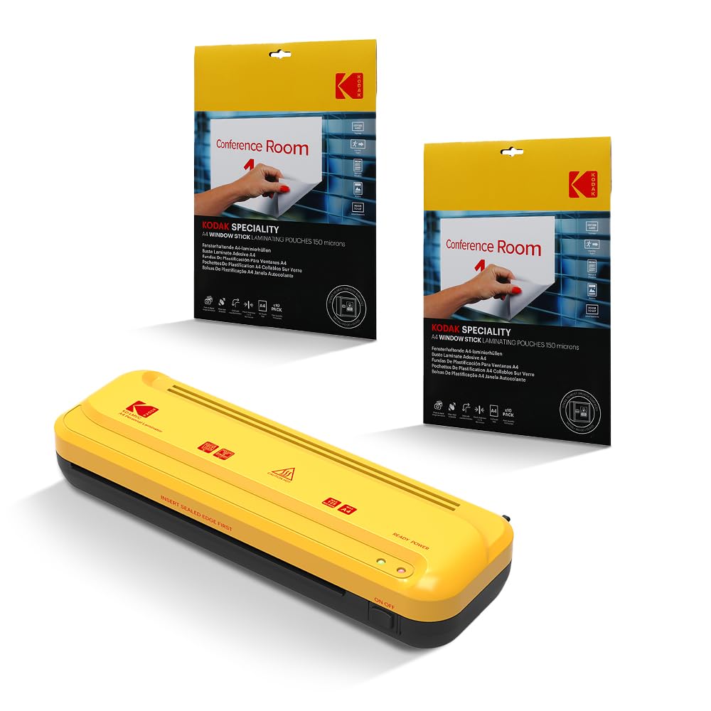 KODAK Plastificadora A4 KD-LMVC + 2x10 Bolsas A4 150 micras - 2 rodillos, 25 cm/min, Calentadores 4-5 min - Ideal documentos, escuela, oficina, hogar, uso intensivo