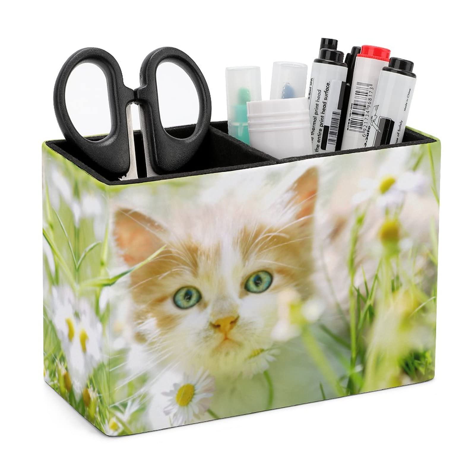 Niapessel Pencil Holder for Desk, Cute Little Cat Pen Holder Storage Desktop Pen Organizer Desk Pencil Organizer Makeup Brush Holder for Office School College Leather โ image 1