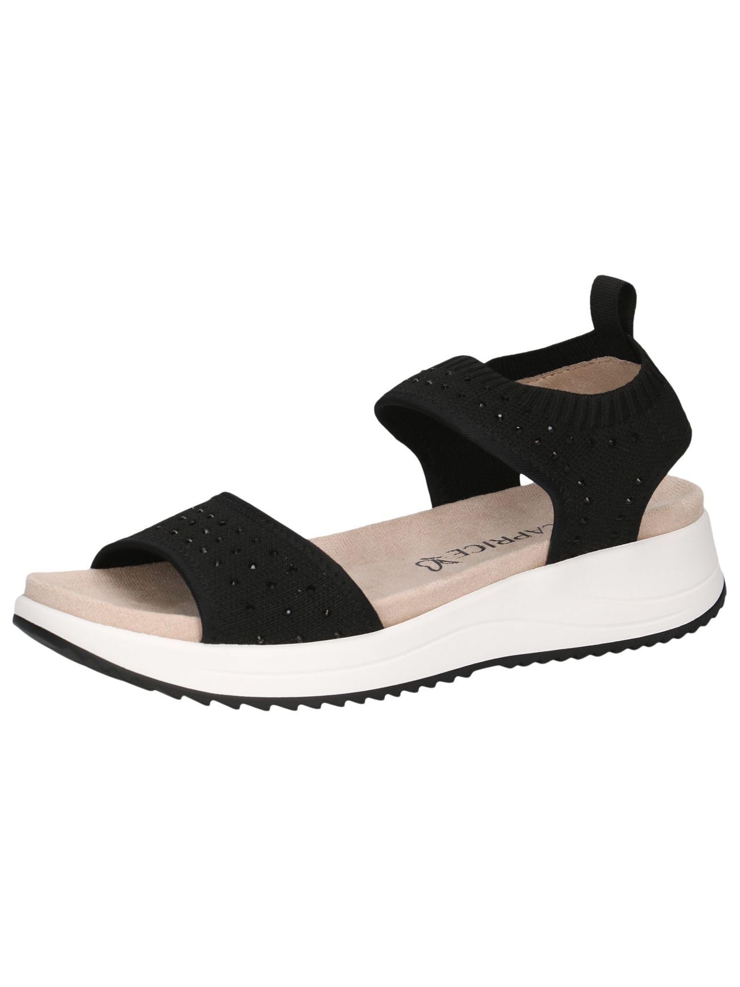 CAPRICE Women Sandals Flat Slip-On Glitter Details, Black (Black Knit), 7.5 UK