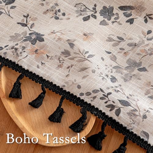 Image of MYSKY HOME Farmhouse Floral Boho Linen Blend Curtains with Black Tassels 63 Inch Length 2 Panels Semi Sheer Light Filtering French Cottage Bedroom Drapes Back Tab, 50 inch Wide Each Panel, Black
