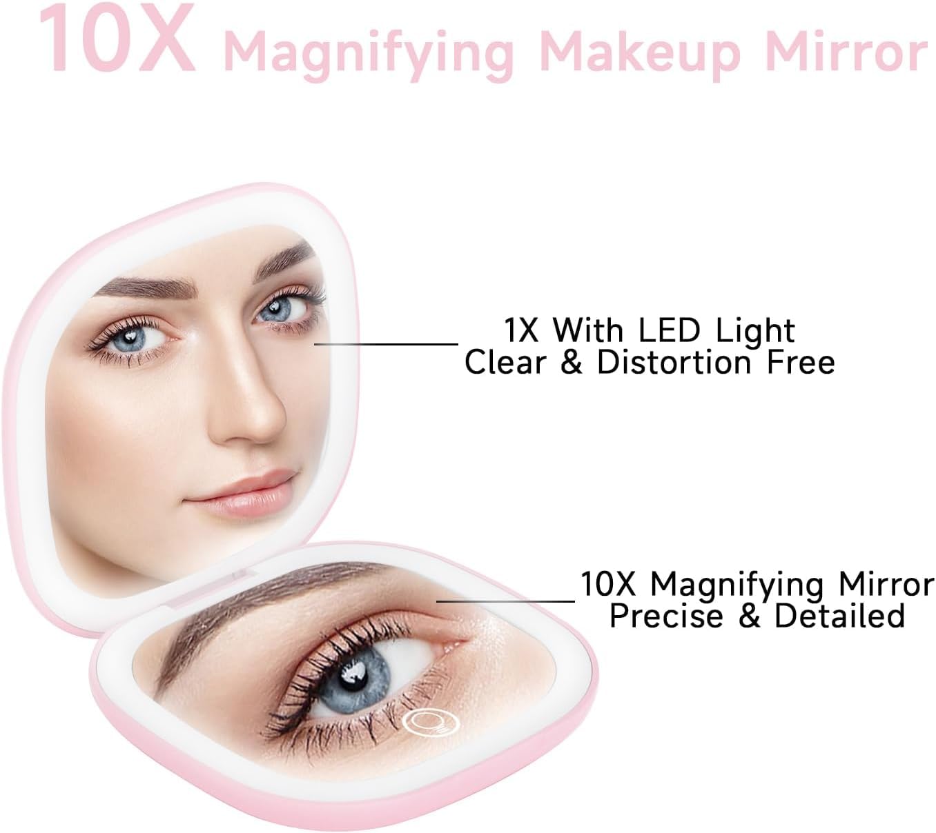 QUMOX Specchio Trucco 10X con Luce – Specchio da Viaggio Ricaricabile con LED, 3 Modalità di Luce, Touch Dimmerabile, USB-C – Rosa