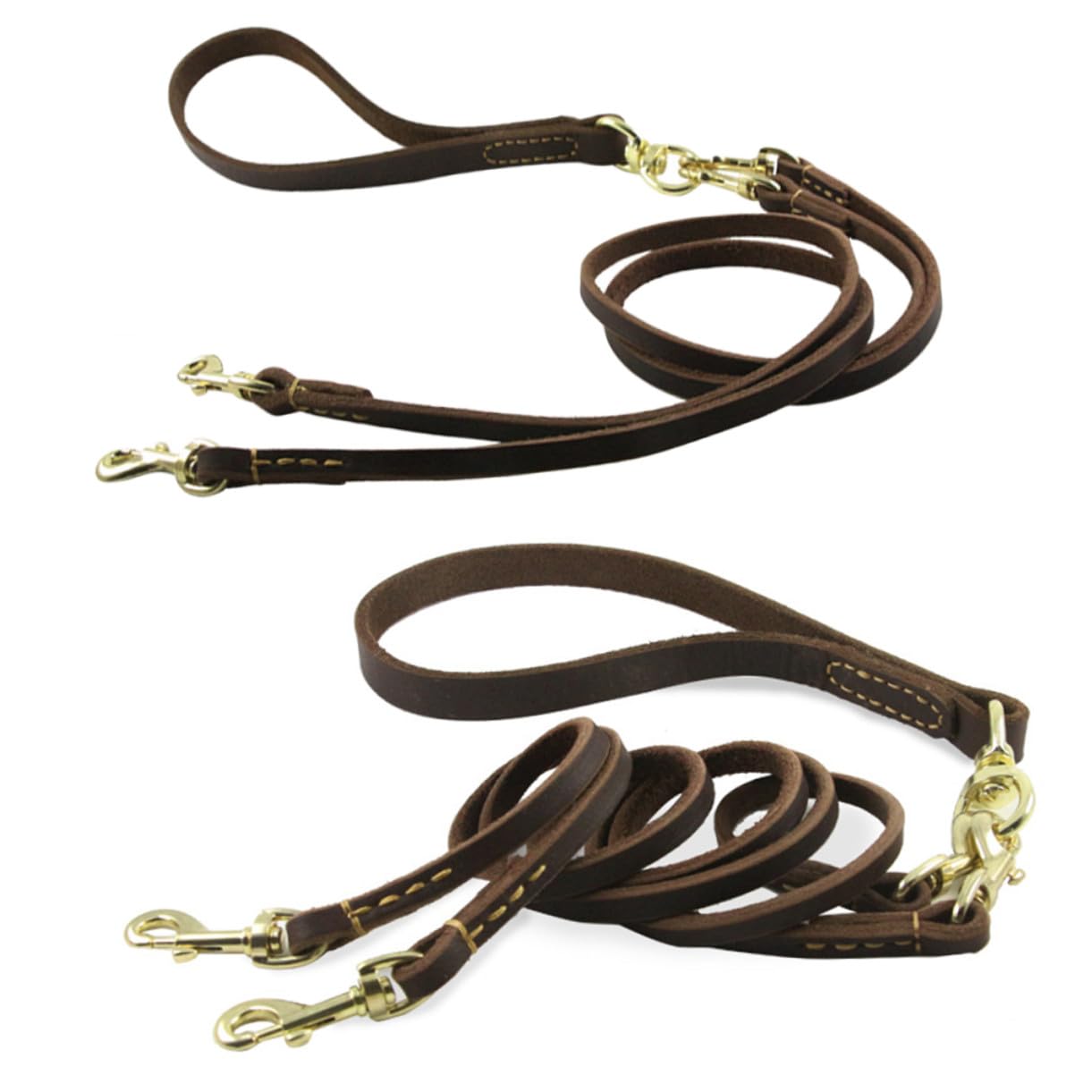 Laisse Double Tête pour Chien, Réglable, 1 Pièce, Cuir Bovin | 1, 6 X 120cm, Couleur Café, Légère et Respirante, pour Chiot et Chien, Usage Extérieur et Déplacements