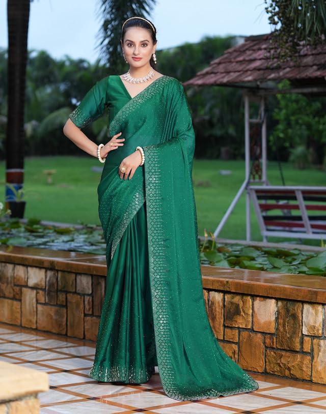 Image of SIRIL Women's Georgette Hot Fixing Stone Work Saree with Unstitched Blouse Piece (3186S138 Turquoise)