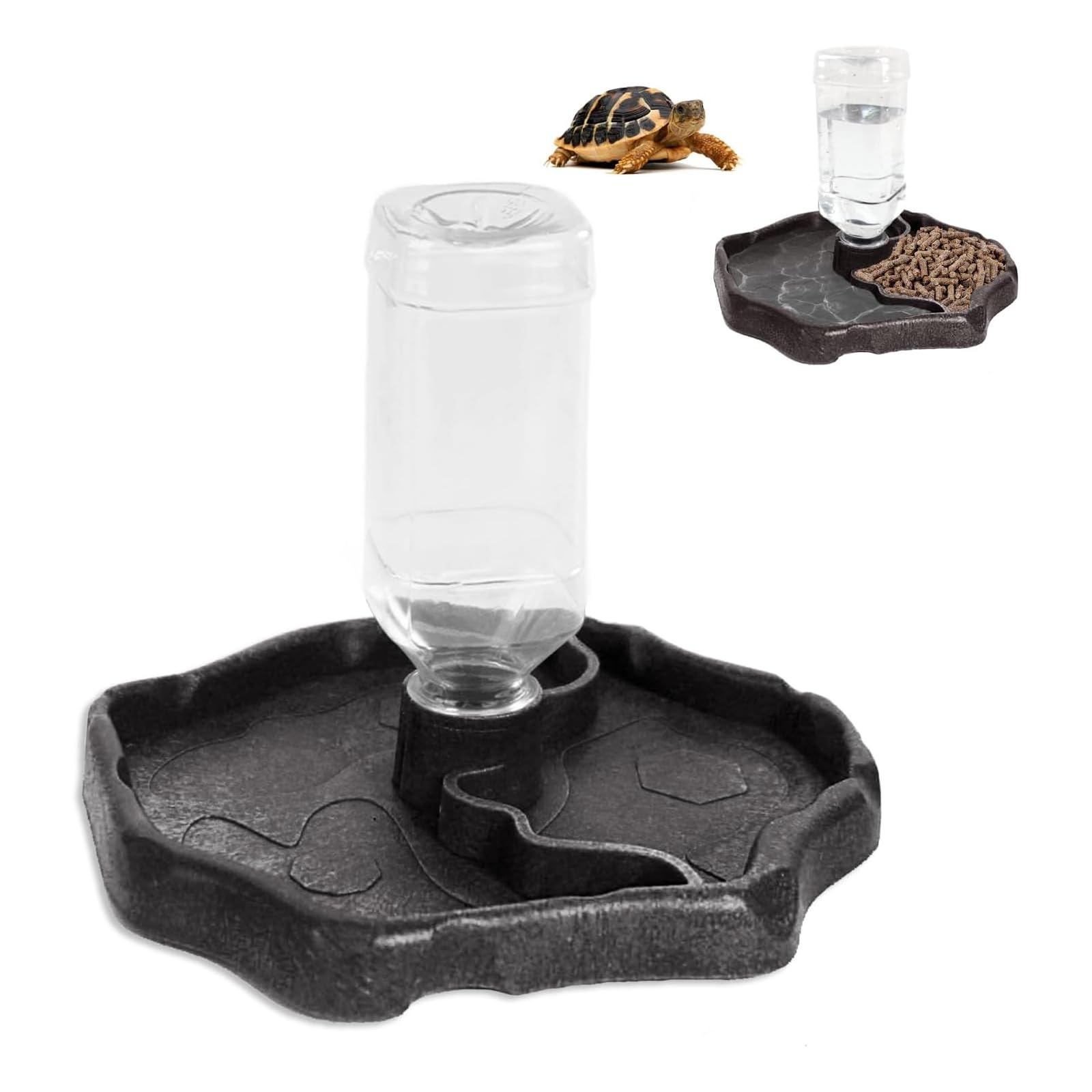 Futternapf für Schildkröten Tränke, ZoneYan Reptilien Wasserschale mit Flasche, Terrarium Wasserschale, Reptilien Wasserspender für Schildkröten, Geckos, Schlangen, Frösche (Schwarz,L)