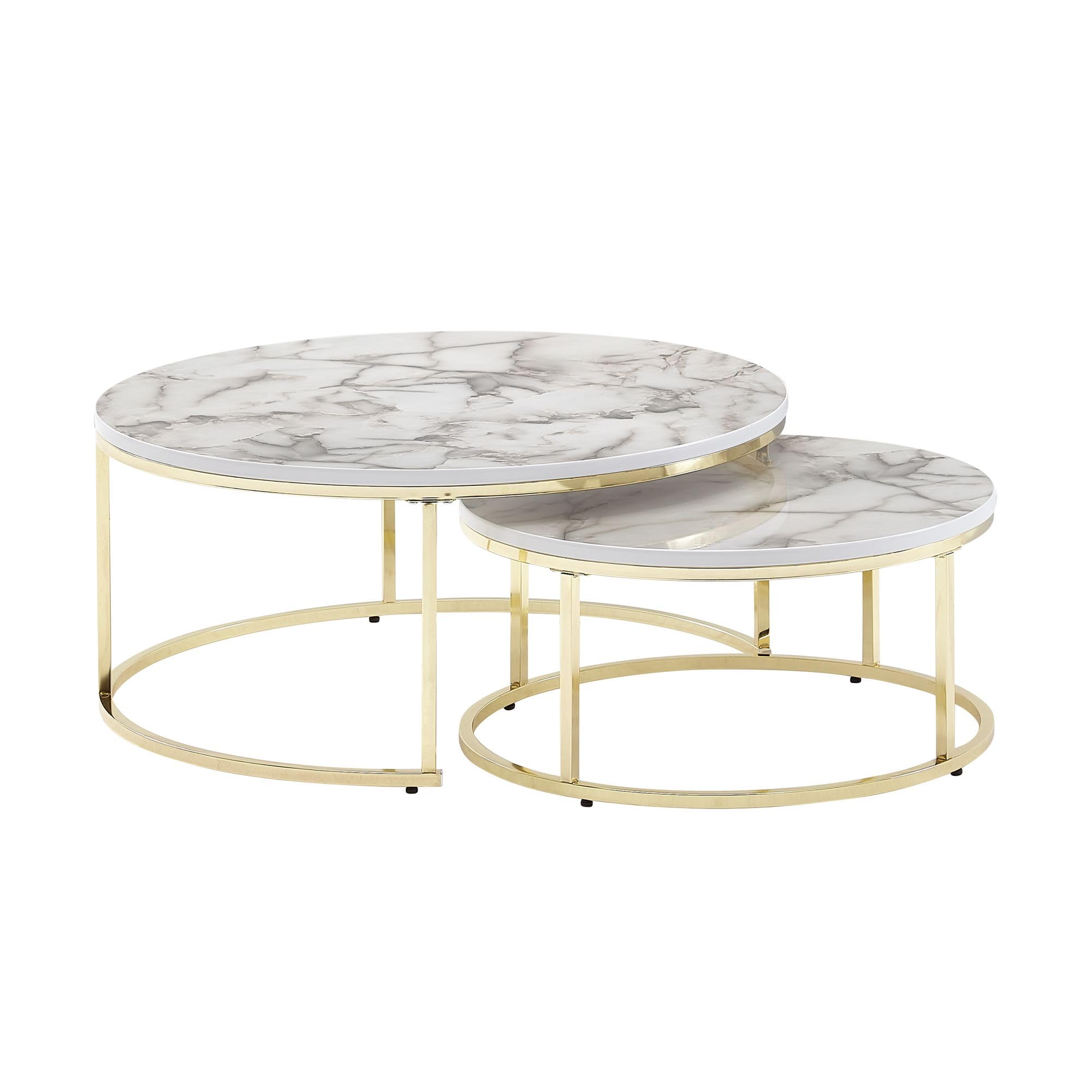 Wohnling Couchtisch 2er Set Weiß Gold Marmor Optik Sofatisch Rund Modern, Couchtische 2-teilig Metall, Runde Wohnzimmertische, Design Satztische