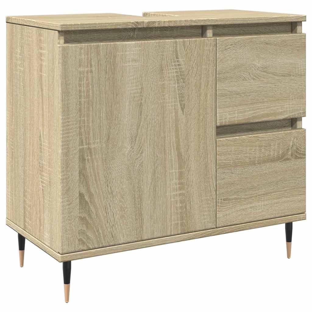 Mobile Lavabo Bagno Rovere Sonoma 65x33x60 cm Legno Multistrato | Armadietto sottolavello salvaspazio per bagno moderno con stabili piedini in ferro, un ampio vano e due cassetti.
