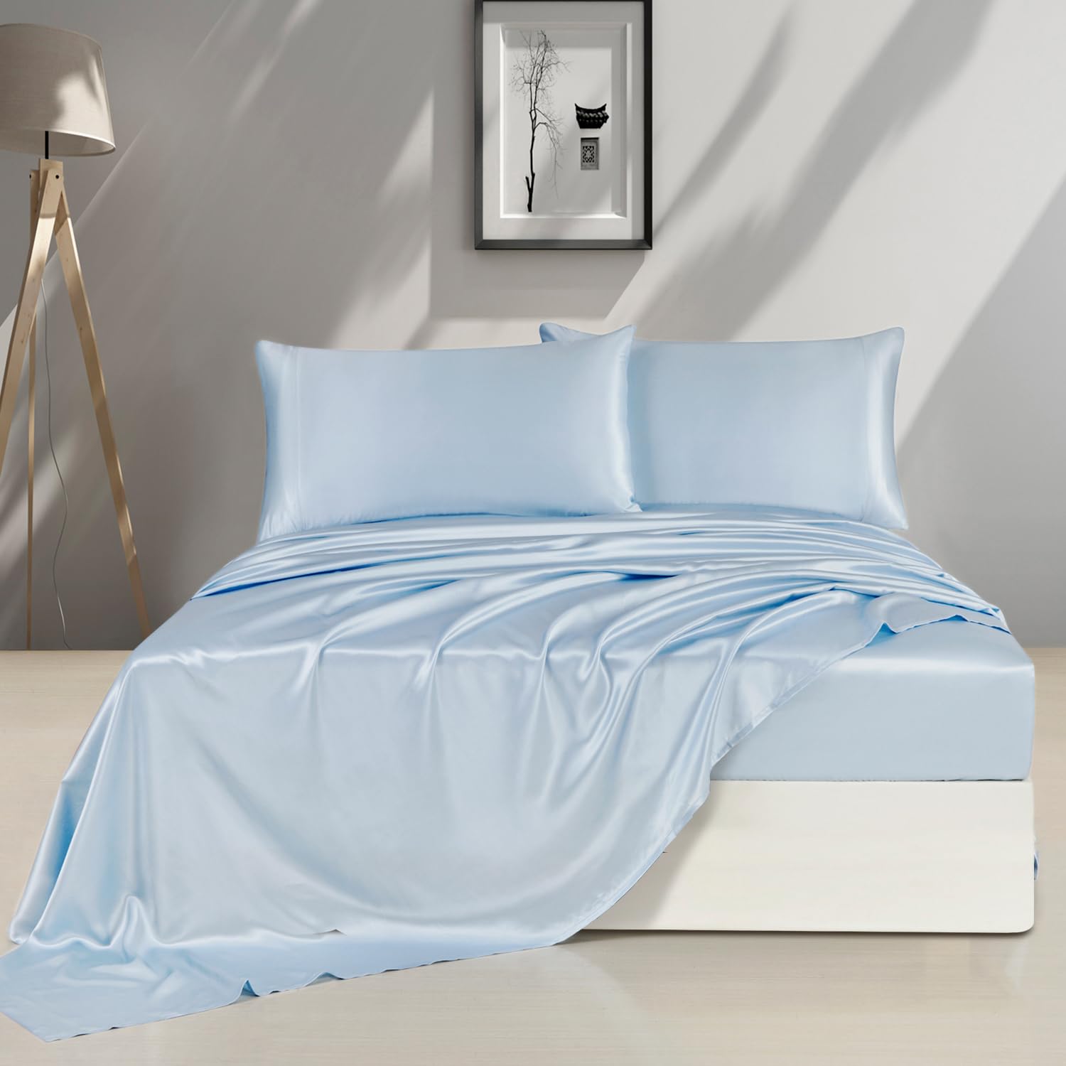 ZIMASILK 4 Pcs 100 Mulberry Silk Bed Sheet Set All Side 19 Momme Silk Queen Light Blue