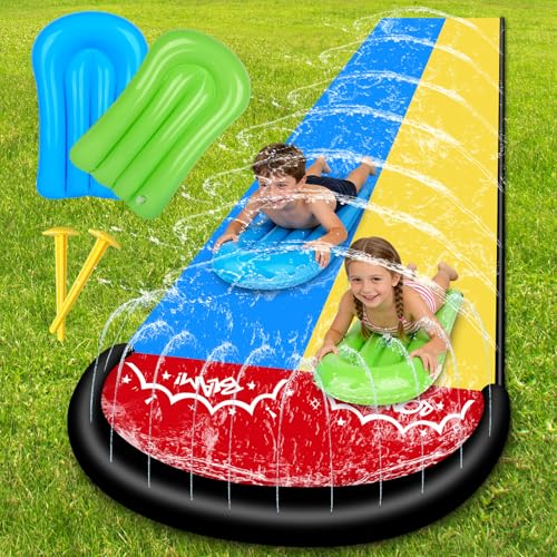 HIULLEN Tobogán de Agua, 15.8ft/480cm Tobogán Acuático para Césped con Rociador, Deslizador de Agua con Aceleración Extra con 2 Tablas Inflables para Fiestas de Verano, Jardín, Acuáticos al Aire Libre