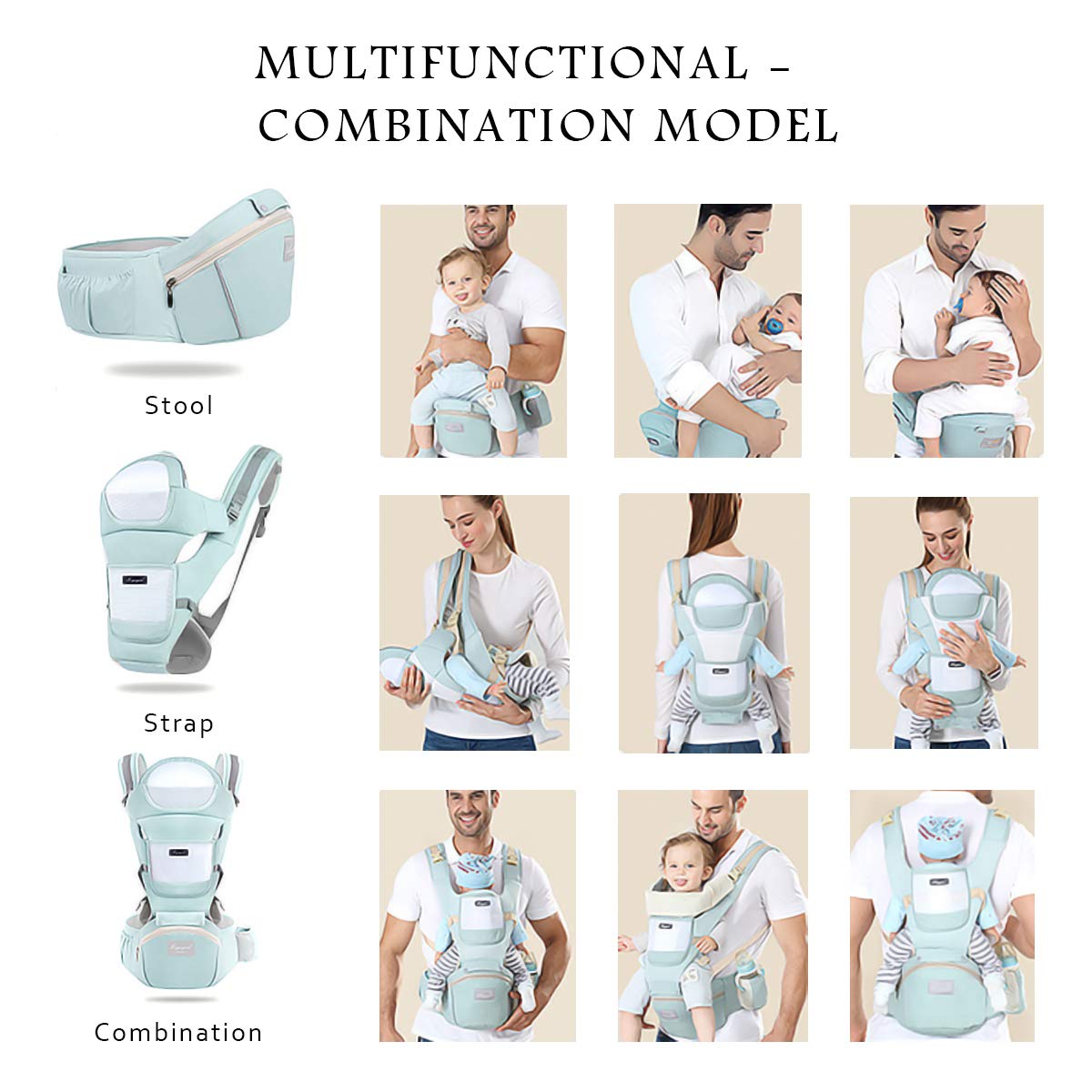 SONARIN Marsupio Ergonomico con Sedile Anca/Puro Cotone, Poggiatesta, Multiposizione: Dorsale, Ventrale, Regolabile per Neonato e Bambino da 0 a 36 mesi (fino a 30 kg) Blu