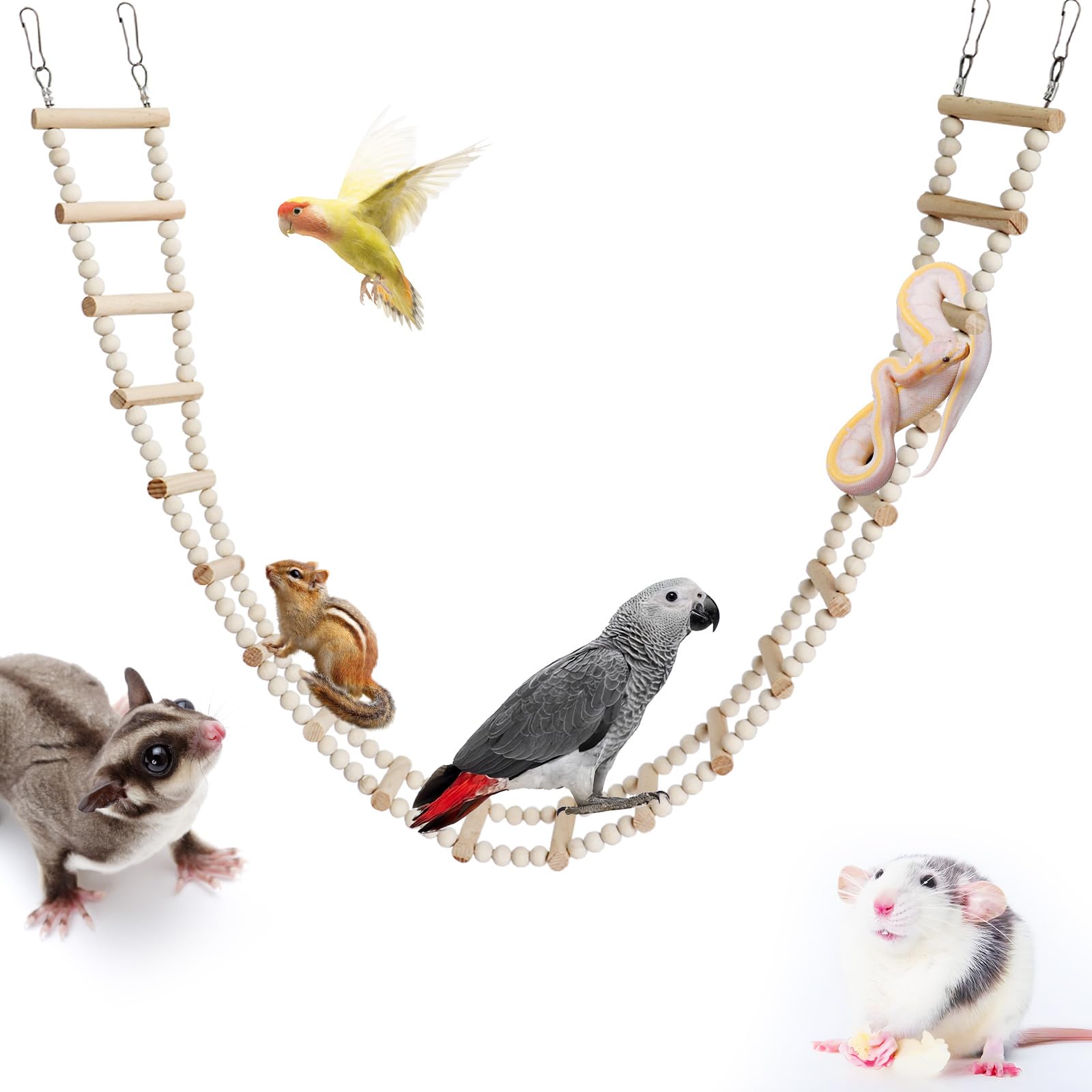 Long Bird Ladder with Wooden Rungs and Beads, Parakeet Climbing Swing Toys, Bird Cage Accessories, Wooden Climbing Bridge Toys for Parrots, Rat, Sugar