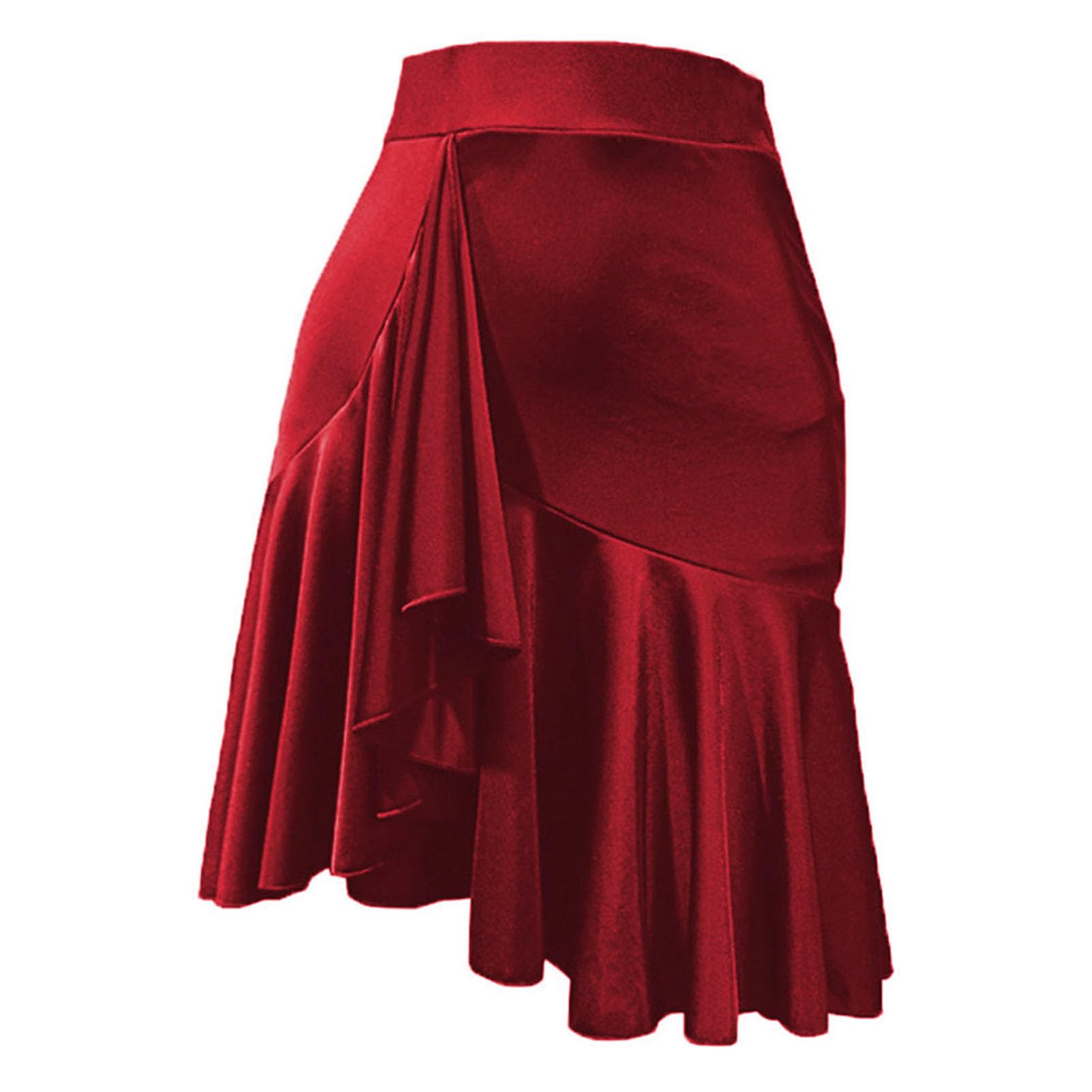 ZYMOZYM Women Black Asymmetrical Lotus Latin Dance Skirt with Underpants (US, Alpha, X-Large, Regular, Regular, Burgundy Red)