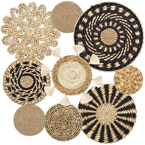 LOMOHOO Set of 9 Boho Wall Basket Decor Wicker Woven Wall Basket Decorations Bohemian Handcrafted Round Basket Hanging decor Bulrush Wall Art Decors for Living Room Rustic Home Cover