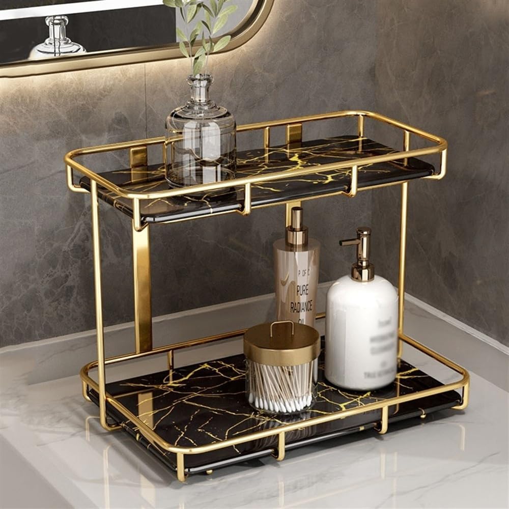 Mensole da bagno Organizer da bagno a 2 livelli, organizer for profumi e trucchi di lusso, vassoio for lavabo in ceramica di marmo con struttura in acciaio inossidabile dorato Organizzatore per la doc