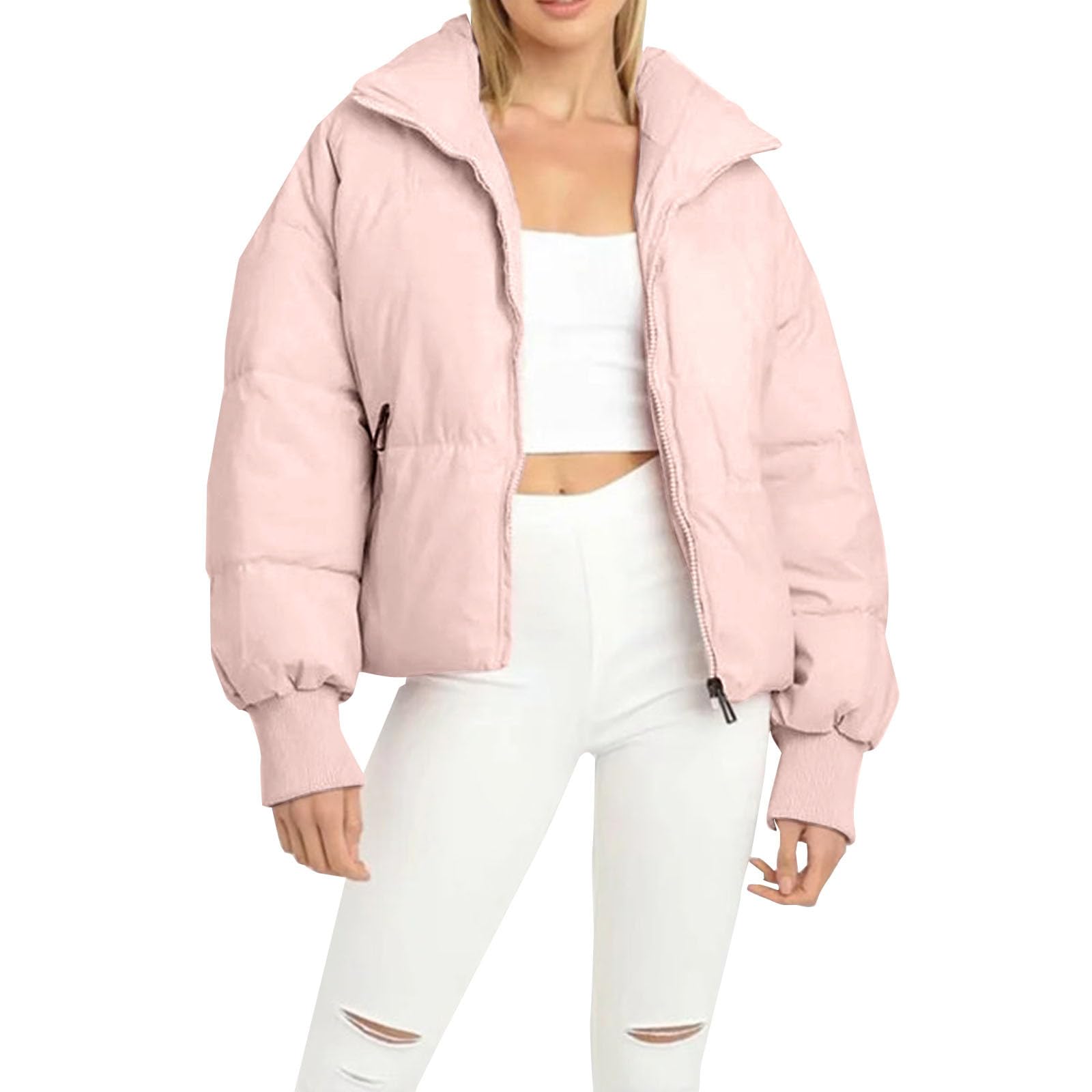 Women's Winter Quilted Jackets Long Sleeve Full Zip Puffer Jacket Stand Collar Baggy Short Solid Color Olive Down Coats