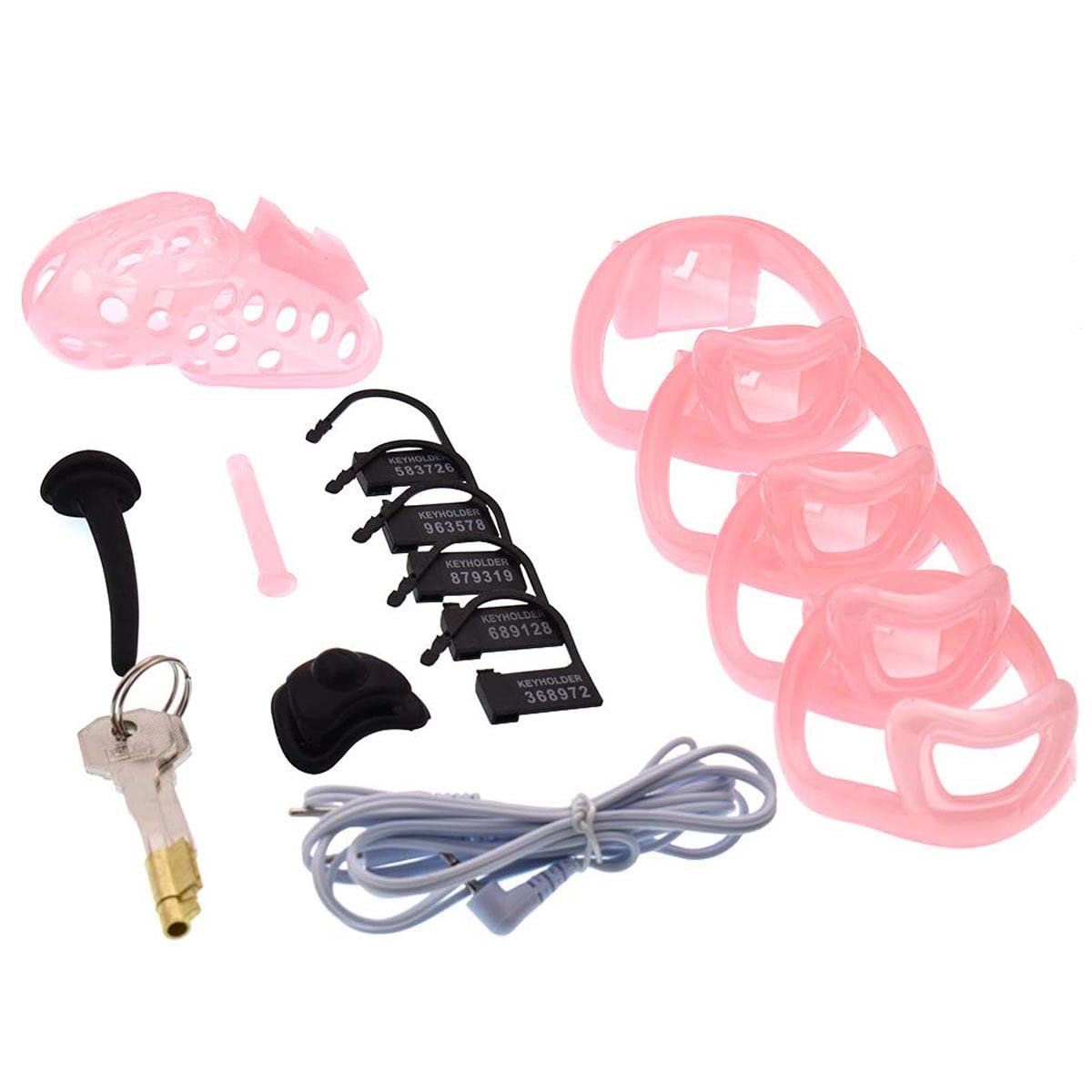 AAKOMA Cage de chasteté électrochocs masculins Conception ergonomique électrique Dispositifs de chasteté sexuelle Verrouillage de la cage du pénis avec 4 tailles d'anneaux Sex Toys (court style, Pink)