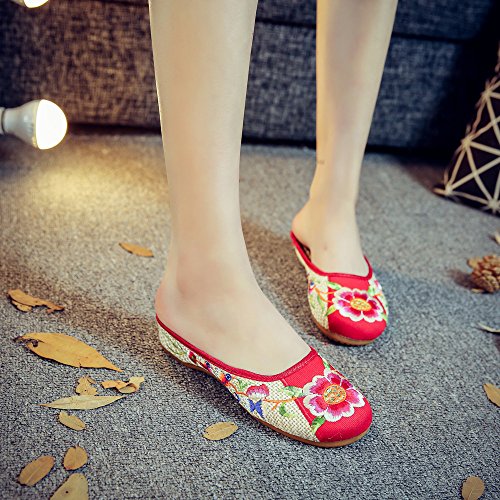 Qhome Womens Linen Embroidery Casual Boho Flat Household Canvas Slipper Loafers2