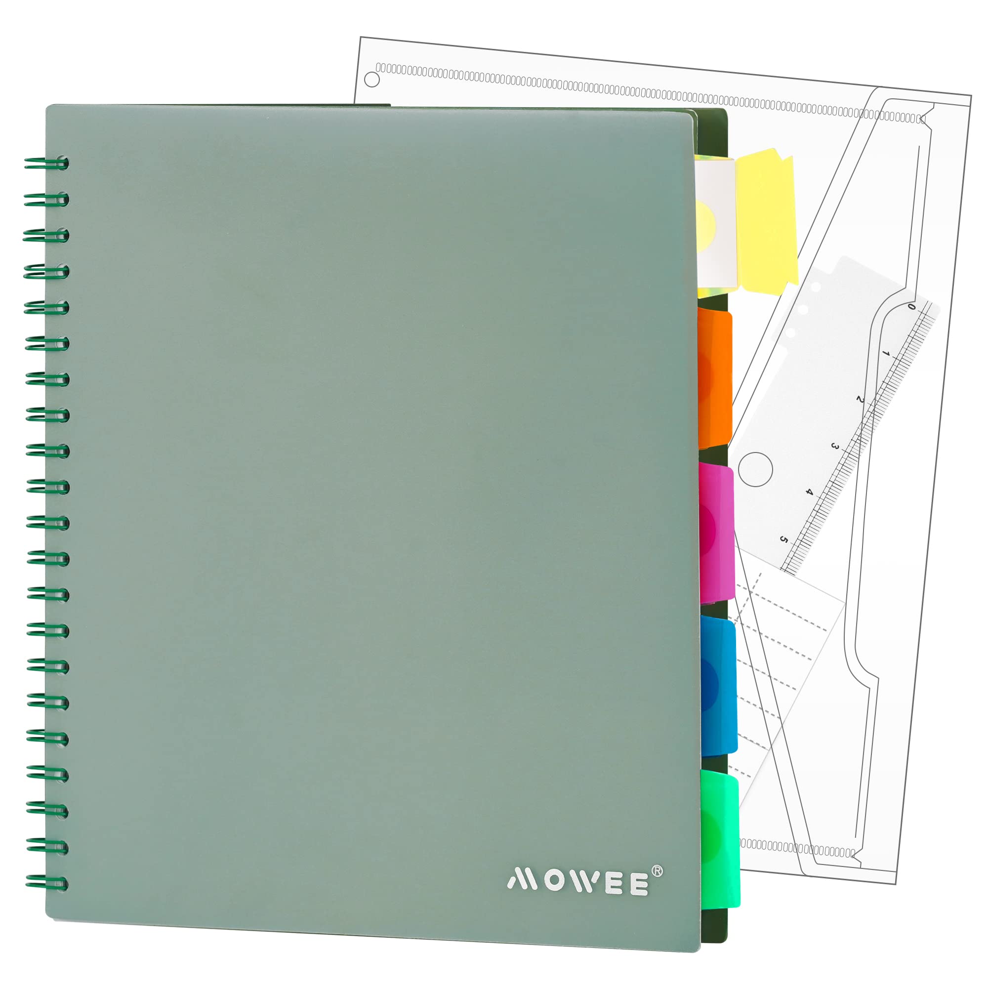 5 Subject Notebook - Spiral Notebook, College Ruled Notebook With Dividers Pocket, Tabs, 11" Ruler, 200 Pages, for Writing Journal, Home &amp; Office, School Supplies, 8.5''x11'' Forest Green