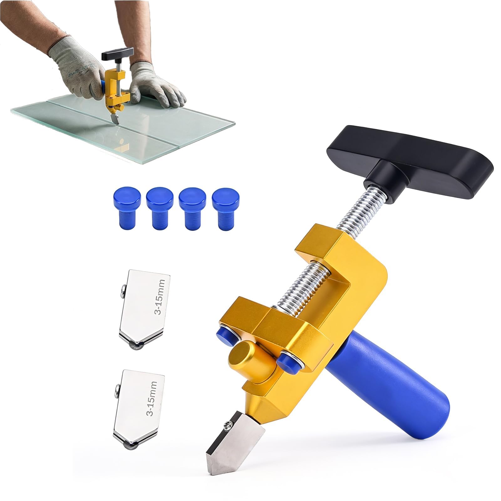 Cortador de vidrio profesional 2 en 1, con 2 cabezales de metal duro 3-15 mm y 4 pies de contacto, ideal para cortar vidrios de distintos grosores en talleres y proyectos de bricolaje