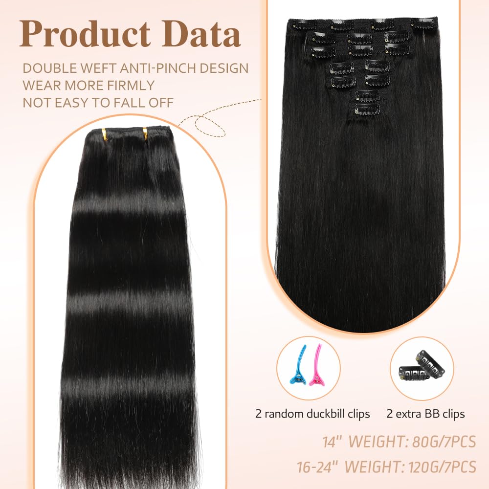 HotLulana Extension Capelli Veri Clip 7pcs 55cm 120g Nero Naturale Extension Capelli Veri 22 Pollice Extension Capelli Clip Invisible Extension Clip Capelli Veri Human Hair Extension Clip 1B#